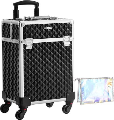 NumberOne® Cosmeticakoffer Make-up Koffer Zwart - Met 4 Uittrekbare Vakken - Inclusief Toilettas - Trolley