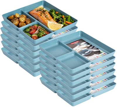 Plasticforte Vakjesborden - 12x stuks - blauw - gourmetbord - 3-vaks - kunststof - 24 x 24 cm - fonduebord - bbq - camping