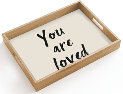 Dienblad hout 40x30 cm - Schootdienblad - Minimalistisch - Beige - Love - Borrelplank rechthoek - Plateau dienbladen