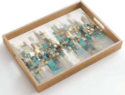 Dienblad hout 50x35 cm - Schootdienblad - Abstract - Blokken - Goud - Skyline - Borrelplank rechthoek - Plateau dienbladen