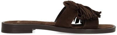 Manfield - Dames - Donkerbruine suède slippers met franjes - Maat 36