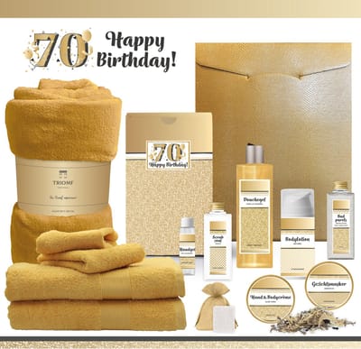 Geschenkset “70 Jaar Happy Birthday!” - 13 producten - 1980 gram | Giftset Cadeau Verjaardag - Speciaal Voor Haar Vrouw Gefeliciteerd Cadeaupakket Geschenk Pakket Gift Set Party Verjaardagscadeau Luxe Wellness Cadeaubox - Goud Oker Geel Okergeel