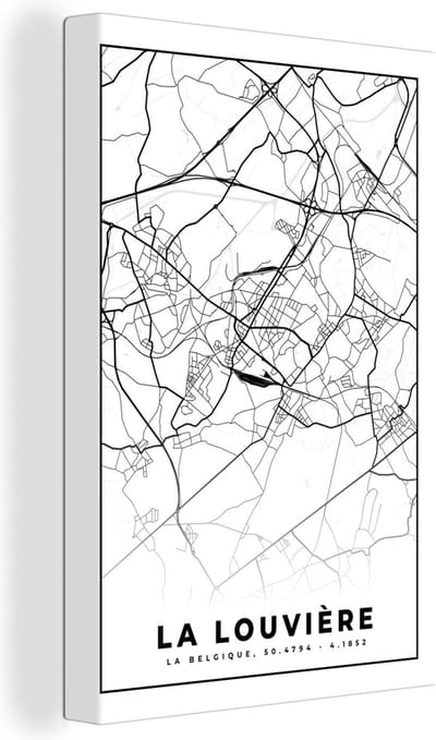 Canvas Schilderij België – La Louvière – Stadskaart – Kaart – Zwart Wit – Plattegrond - 20x30 cm - Wanddecoratie