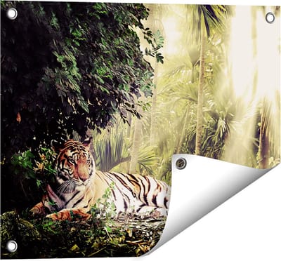 Gards Tuinposter Tijger in de Jungle met Zonneschijn - 50x40 cm - Tuindoek - Tuindecoratie - Wanddecoratie buiten - Tuinschilderij