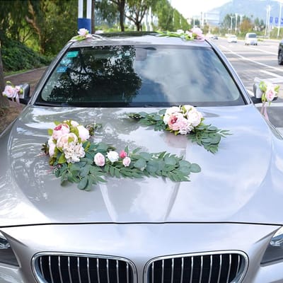 Dailygoods- Autodecoratie Bruiloft - Kunstbloemen Rozen/Pioenenrank - Huwelijksdecoratie - Dashboard Decoratie - Polyester/Kunststof - Groot Bloemendienblad 80x22x13 cm - Trouwdecoratie