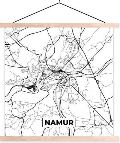 Posterhanger incl. Poster 40x40 cm - Schoolplaat - Stadskaart – Plattegrond – België – Zwart Wit – Namur – Kaart - Textielposter - Blanke latten - Stadskaart