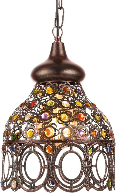 Hanglamp vintage oosterse stijl met 1 lichtpunt - koper-antiek en glas - kleurrijk - eettafellamp - woonkamer.