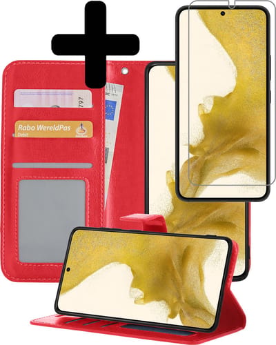 Hoesje - Met Screenprotector - Geschikt voor Samsung Galaxy S22 - Luxe Pasjeshouder - Bookcase Portemonee - Flip Case - Kunstleer Book Case - Flipcase - Book Cover - Walletcase - Portemonneehoes - Telefoonhoesjes - Rood
