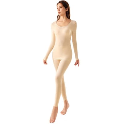 Twee Stuks/Set Dames Thermisch Kleding Set Grote Elasticiteit Lange Mouw Ronde Hals Slim Fit Zacht Warm Hoge Taille Ontwerp Effen Praktisch Gebruik L abrikoos