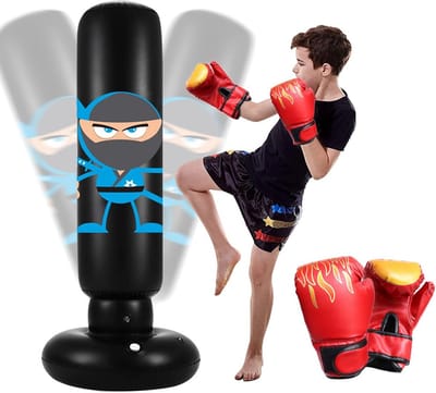 Unyqoos® Opblaasbare staande bokszak van 165 cm met bokshandschoenen voor training