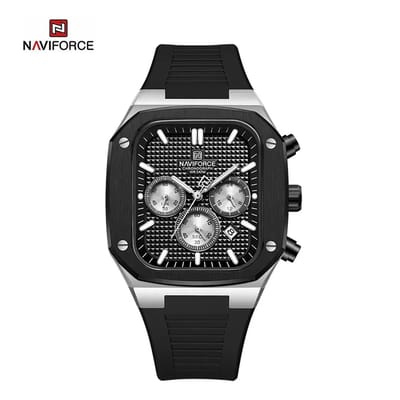 NAVIFORCE horloge voor mannen, met gefumeerd zwarte silica polsband, zwart met zilveren wijzerplaat en horlogekast in een mooie geschenkdoos ( model 8037 SBB)