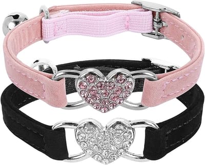 Daity 2 hartvormige kattenhalsbanden met belletjes - verstelbare kittenhalsbanden met veiligheidsriemen - strass-halsbanden voor kleine katten en honden (zwart + roze)