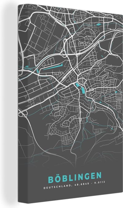 Canvas Schilderij Stadskaart – Plattegrond – Duitsland – Blauw – Böblingen – Kaart - 20x30 cm - Wanddecoratie
