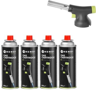 HENDI Koksbrander – ergonomisch ontwerp – piëzo-ontsteking – nauwkeurige vlamcontrole – + 4 Butaan Gasflesjes
