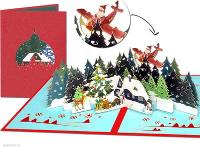 Popcards pop-up kaart – Kerstkaart Kerstbal met Kersthuisjes in dennenbos en vliegende kerstman Vliegtuig pop-up kaart 3D wenskaart