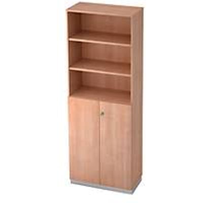 Combi-boekenkast, 6 OH, 3 open vakken + 2 afsluitbare deuren, B 800 x D 420 x 2210 mm, notenhoutdecor