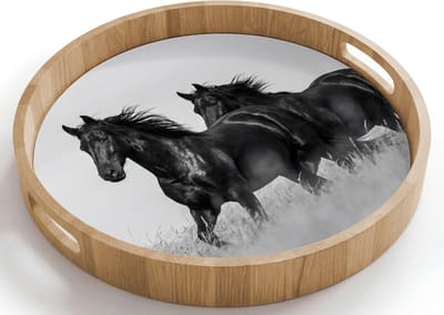 Dienblad rond 40x40 cm - Schootdienblad hout - Paarden - Gras - Zwart - Wit - Borrelplank rechthoek - Plateau houten dienbladen