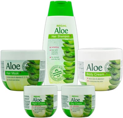 Regal Aloe Vera Complete Verzorgingsset – 5-delige Bundel met Dagcrème, Nachtcrème, Body Cream, Shampoo & Haarmasker – Aloe Vera voor Gezicht, Lichaam & Haar