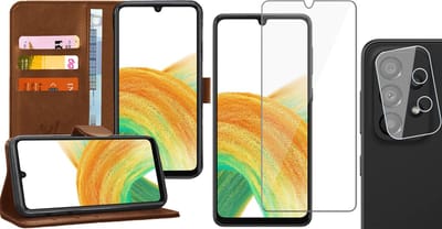 Hoesje geschikt voor Samsung Galaxy A33 - Book Case Kunstleer Wallet Cover Portemonnee Pasjeshouder Hoes Bruin - Tempered Glass Screenprotector - Camera Lens Protector