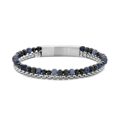 Frank 1967 7FB-0742 Heren Armband - Stalen schakelarmband - Kralenarmband - Verstelbaar Slot - Mannen Armband - 21cm - 8mm Breed - Lava - Agaat - Sodaliet - Zwart - Blauw - Zilverkleurig