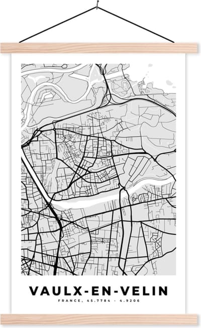 Posterhanger incl. Poster 40x60 cm - Schoolplaat - Vaulx-en-Velin – Plattegrond - Frankrijk – Kaart – Stadskaart - Textielposter - Blanke latten - Stadskaart