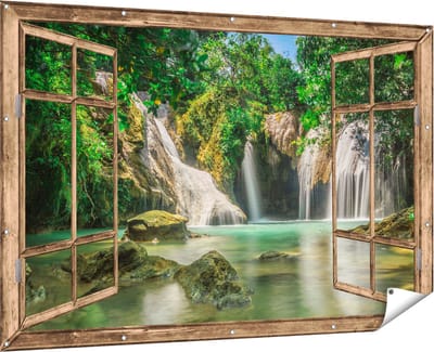Gards Tuinposter Doorkijk Tropische Waterval - 180x120 cm - Tuindoek - Tuindecoratie - Wanddecoratie buiten - Tuinschilderij