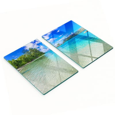 Glazen snijplanken met afbeelding van een strand op de Seychellen, 2x40x52 cm