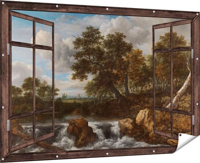 Gards Tuinposter Doorkijk Landschap met Waterval - Jacob van Ruisdael - 180x120 cm - Tuindoek - Tuindecoratie - Wanddecoratie buiten - Tuinschilderij
