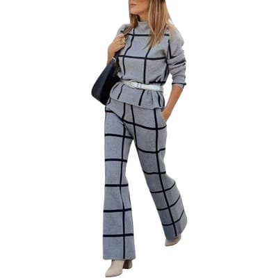 Set van top met lange mouwen en broek met wijde pijpen Elegante pak met ruitprint met broek met wijde pijpen Losse blouse voor dames Stijlvolle kleding voor op kantoor L grijs