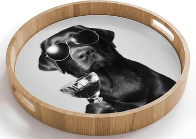 Dienblad rond 40x40 cm - Schootdienblad hout - Hond - Zwart - Wijnglas - Zonnebril - Borrelplank rechthoek - Plateau houten dienbladen