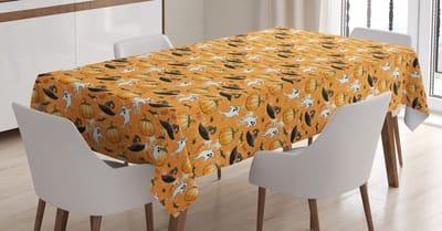 ABAKUHAUS Tafelkleed – Spookpompoen & Tovenaarshoed – 140x200 cm – Oranje/zwart