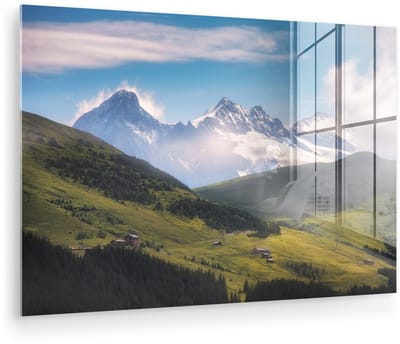 ® Glasschilderij 180x120 cm - Schilderij acrylglas - Landschap bij de besneeuwde Schilthorn in Zwitserland - Foto op glas - Muurdecoratie woonkamer - Wanddecoratie slaapkamer - Schilderijen