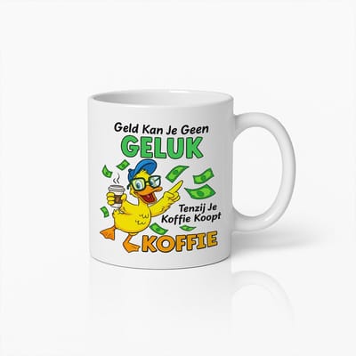 Grappige Koffie Eend Mok 330ml – “Geld Kan Je Geen Geluk Kopen Tenzij Je Koffie Koopt” – Humoristisch Cadeau Voor Koffieliefhebbers