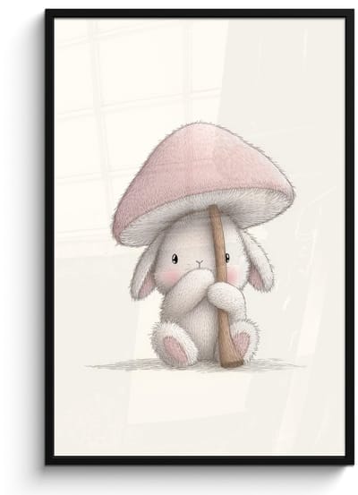 Poster in lijst - Fotolijst 80x120 cm - Posters - Paddenstoel - Konijn - Roze - Posterlijst zwart - Decoratie - Wanddecoratie woonkamer - Muurdecoratie slaapkamer
