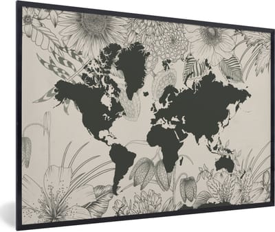Poster in lijst - Fotolijst 90x60 cm - Posters - Wereldkaart - Bloemen - Grijs - Posterlijst zwart - Decoratie - Wanddecoratie woonkamer - Muurdecoratie slaapkamer