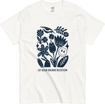 Motiverend T Shirt met Bloemenprint en Smiley - Laat Jouw Dromen Uitkomen - Wit - S