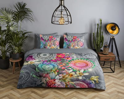 HIP dekbedovertrek mandalas en bloemen - 1 persoons 140x200/220 cm - Grijs - 100% Katoen satijn