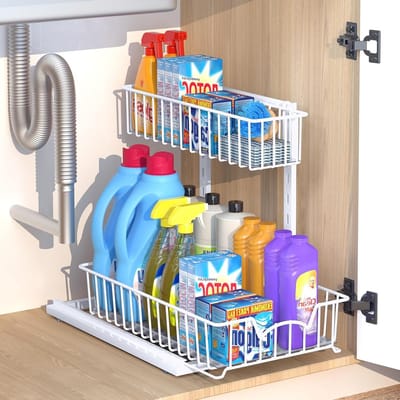 Onderbouw Organiser voor de Gootsteen, 2-niveau Uittrekbare Metalen Mand, Multifunctioneel voor Keuken en Badkamer (Wit)