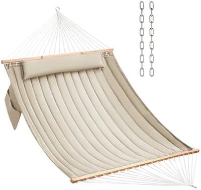 CHULIM Dubbele gewatteerde stoffen hangmat met hardhouten spreidstangen en kussen 204 kg capaciteit 2 persoons hangmat grote hangmat voor buiten patio achtertuin zwembad - beige