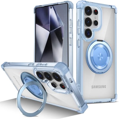 Support Pliant Magnétique Rotatif Coque de Téléphone Transparente Pour Samsung S26 S25 Edge S24 S23 Plus Fe S21 Ultra Housse Blindée Résistante aux Chocs For Galaxy S26Plus&Case & Holder bleu