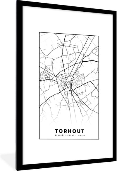 Fotolijst incl. Poster Zwart Wit- België – Torhout – Stadskaart – Kaart – Zwart Wit – Plattegrond - 60x90 cm - Posterlijst