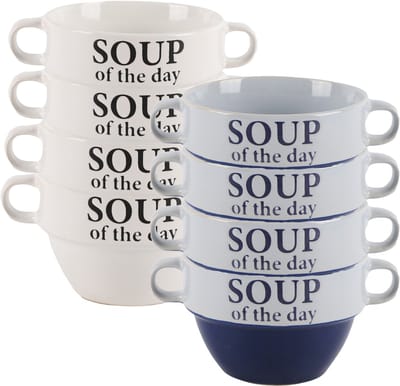Bellatio Design Soepkommen - 8x - Soup of the day - keramiek - D12 x H8 cm - blauw / wit - Stapelbaar