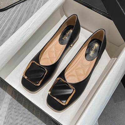 Plus Size 35 -43 Dames Lage Hak Schoenen Vierkante Neus Grote Gesp Flats Kantoor Dame Slip-On Leren Loafers Lente Pumps Schoenen 36 zwart