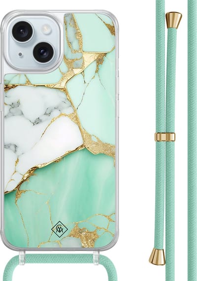 Casimoda® hoesje met mintgroen koord - Geschikt voor iPhone 15 - Marmer Mintgroen - Afneembaar koord - TPU/acryl - Mint