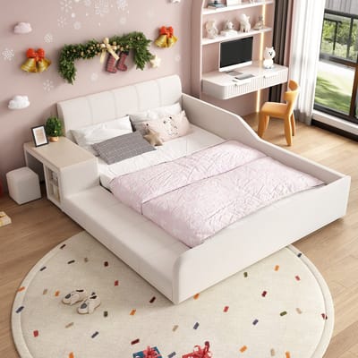 MODFU Kinderbed 140x200 cm – Met Bureau, Kruk & Opbergplank – Gestoffeerd Fluweel – Wit – Compleet Speel- en Werkbed