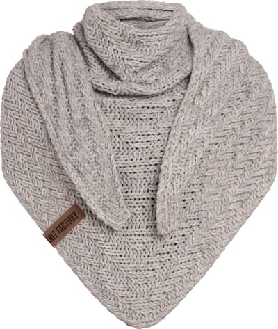 Knit Factory Sally Gebreide Omslagdoek - Driehoek Sjaal Dames - Dames sjaal - Wintersjaal - Stola - Wollen sjaal - Grijs gemêleerde sjaal - Licht Grijs/Beige - 220x85 cm - Grof gebreid