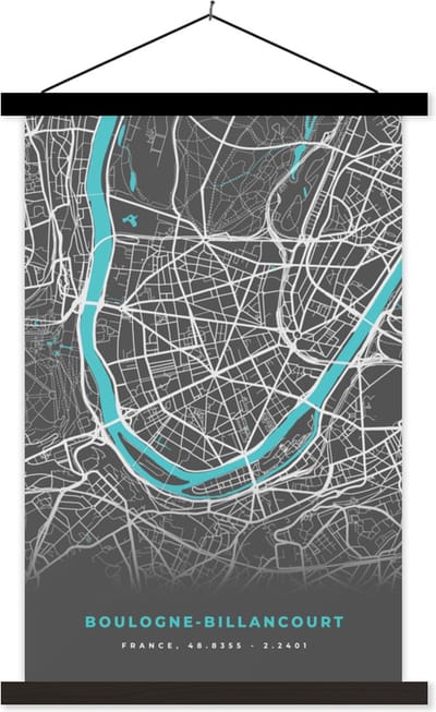 Posterhanger incl. Poster 40x60 cm - Schoolplaat - Frankrijk - Boulogne-Billancourt - Stadskaart - Kaart - Plattegrond - Textielposter - Zwarte latten - Stadskaart