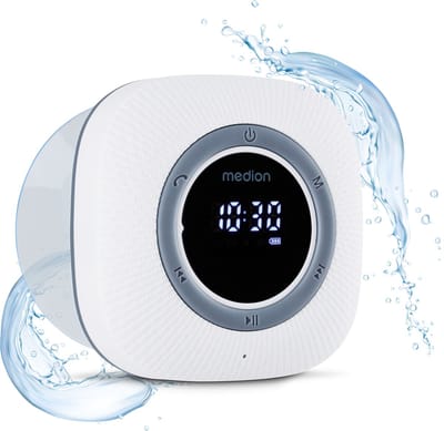 MEDION S66884 Douche radio met Bluetooth (badkamerradio, FM radio, zuignap, LED display, IPX6 waterproof, geïntegreerde oplaadbare batterij, MD43884) wit