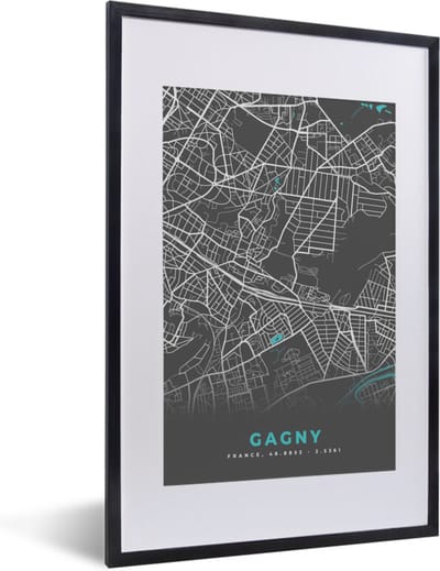 Fotolijst incl. Poster - Plattegrond - Kaart - Frankrijk - Gagny - Stadskaart - 40x60 cm - Posterlijst