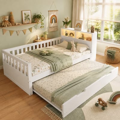 Eenpersoonsbed 90x200 cm - Houten bed - Multifunctioneel bed - Met led-lichtstrip en stopcontact - Met uitschuifbaar bedframe - Wit